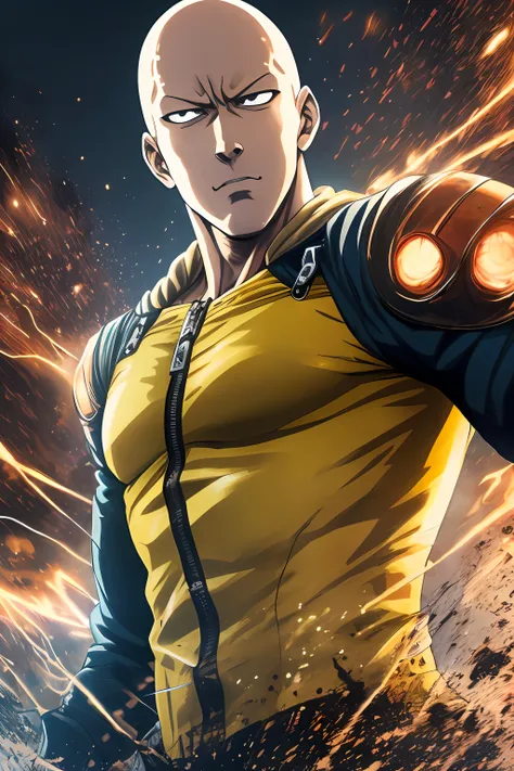 Saitama for One Punch Man, with yellow clothes and with cover, hyper realistic, night, Cinematic shot, Incredibly detailed, Sharp, Professional lighting, Photography lighting, 35mm, 8k