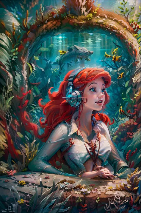 (((masterpiece, best quality, high resolution)))), Extremely detailed, 8K, (ultra detailed) wallpaper, ultra wide shot, photorealism, Ariel The little Mermaid (Masterpiece, ultra detailed, best quality), being a DJ in a DJ booth (Masterpiece, ultra detaile...