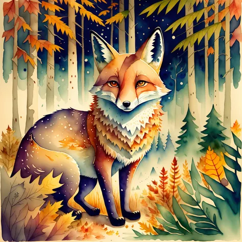 A fox is depicted in the foreground, Very kind and dreamy, Ao fundo (( the night, nightfall)), ((Autumn forest and fog)), watercolor illustration, Tadeusz Brzozowski, whimsical art, Funny works of art