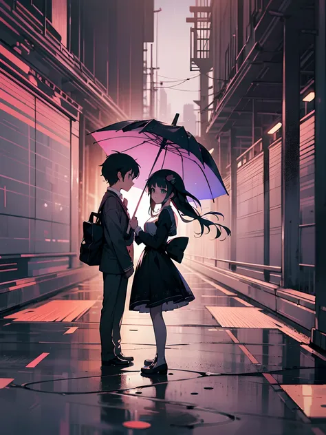 make a bluesy abstract art, wallpaper, with a anime young boy and girl. They are under umbrella. --auto --s2