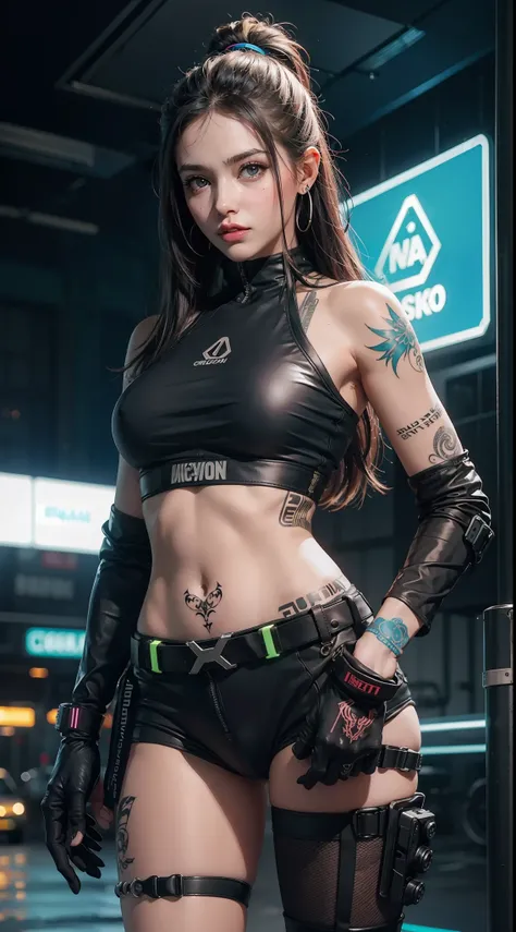 alta resolução, obra-prima, melhor qualidade, Tacticool, uma mulher, (colete: 1.2), many tattoos, roupa futurista, detalhes neon, estilo cyberpunk neon, ao fundo cidade cyberpunk a noite, pele finamente detalhada, seios enormes, pernas muito musculosas