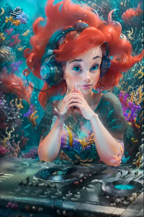 (((masterpiece, best quality, high resolution)))), Extremely detailed, 8K, (ultra detailed) wallpaper, ultra wide shot, photorealism, Ariel The little Mermaid (Masterpiece, ultra detailed, best quality), being a DJ in a DJ booth (Masterpiece, ultra detaile...