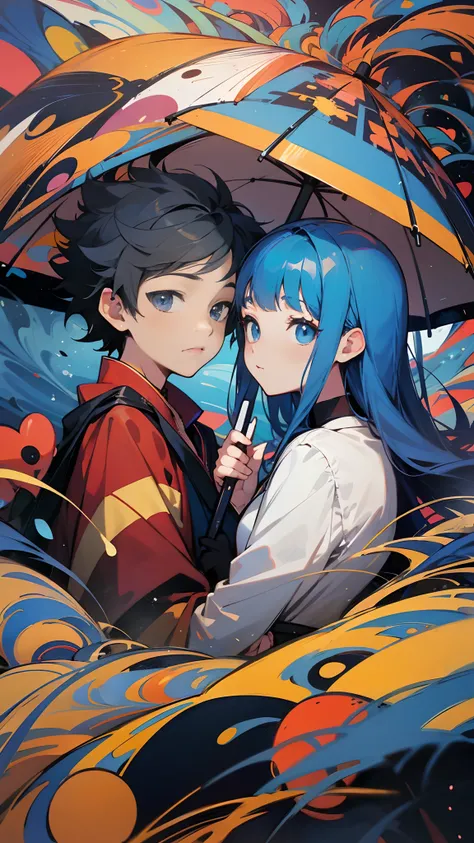 make a bluesy abstract art, wallpaper, with a anime young boy and girl. They are under umbrella. --auto --s2