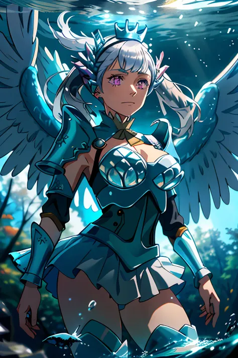 noelle_silva,long hair ,twintails, bangs, earring,silver hair,purple eyes,((water_armor)),(wings),crown, valkyrie, armored dress, angel, tree, sunset,autumn,autumn leaves,((under water:1.3)), night, moon, (dancing:1.2), volumetric lighting, best quality, m...