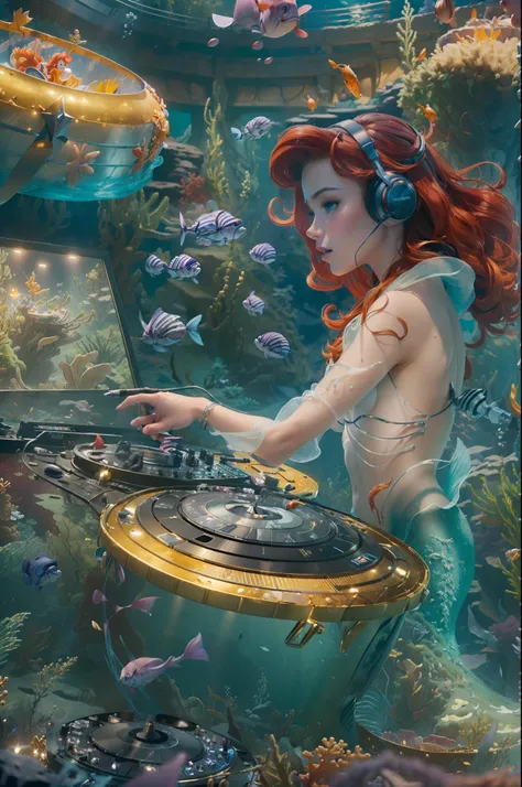 (((masterpiece, best quality, high resolution)))), Extremely detailed, 8K, (ultra detailed) wallpaper, ultra wide shot, photorealism, Ariel The little Mermaid (Masterpiece, ultra detailed, best quality), being a DJ in a DJ booth under the sea (Masterpiece,...