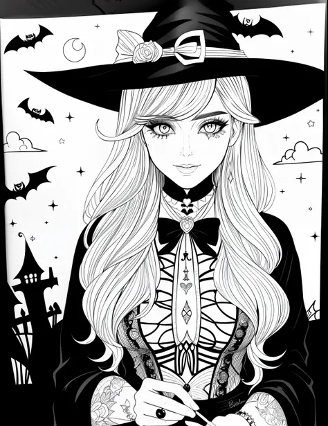 A coloring page with a girl and a cat in a Halloween scene, beautiful witch spooky female, line art colouring page, Retrato de uma jovem bruxa, Bruxa bonita com cabelo longo, black and white coloring, beautiful witch female, coloring book outline, Retrato ...