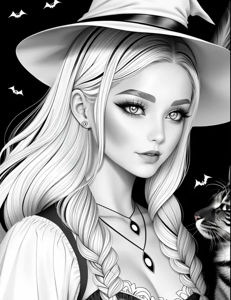 A coloring page with a girl and a cat in a Halloween scene, beautiful witch spooky female, line art colouring page, Retrato de uma jovem bruxa, Bruxa bonita com cabelo longo, black and white coloring, beautiful witch female, coloring book outline, Retrato ...