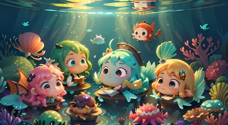 underwaterstyle（（best qualtiy））， （（tmasterpiece））， （A detailed）， pastelcolor， （A high resolution）， Movie rating， high qulity，mermaids，face perfect，beautiful shining eyes, like crystal clear glass,borgar， Flying fish， Circling， delicate wings， Dragon Spitfi...