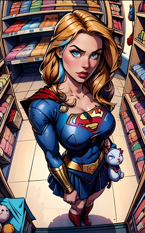 masterpiece, best quality, high detailed, colorful, from above, solo, realistic, Supergirl standing in a store with lots of stuffed animals on the shelves and a bag of stuff, blue eyes, fisheye lens