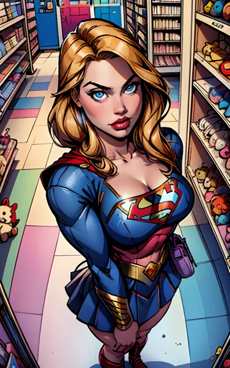 masterpiece, best quality, high detailed, colorful, from above, solo, realistic, Supergirl standing in a store with lots of stuffed animals on the shelves and a bag of stuff, blue eyes, fisheye lens