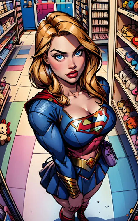 masterpiece, best quality, high detailed, colorful, from above, solo, realistic, Supergirl standing in a store with lots of stuffed animals on the shelves and a bag of stuff, blue eyes, fisheye lens