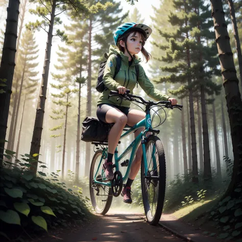 Girl riding her bike in the woods to explore