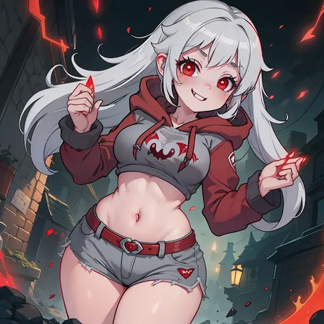 A short but cute vampire girl, medium size breast, curvy hips and thick thighs, Short greyish white hair, cute scarlet red eyes, cute smiling, grey hoodie with shorts, dark lightning, home.