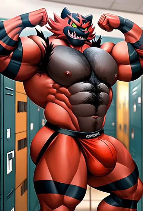 Male, bulge, big bulge, pokemon man, incineroar, incineroar man, kind smile, dumb, incineroar fur, pink jockstrap, jockstrap, red and black fur, big butt, abs, strong arms, big pecs, view from side, from side, sweet expression, locker room, arms up, flexin...