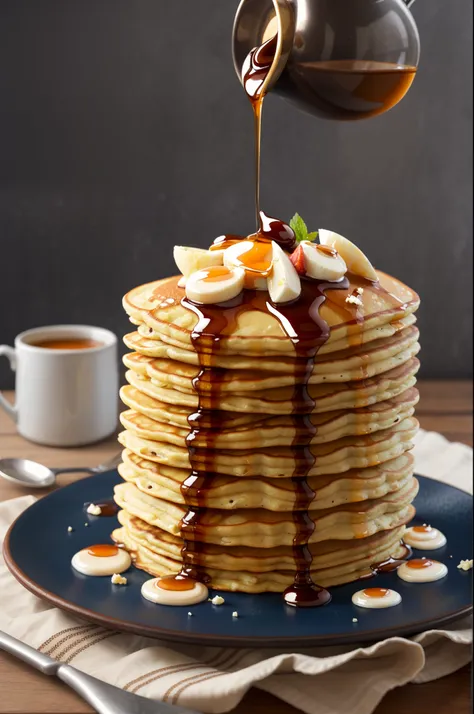 masterpiece, high quality, best quality, pancakes poured with maple syrup, (thin pancakes), foodphoto,