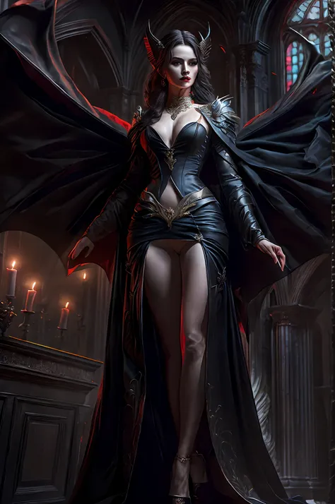 The image portrays a dark and mesmerizing scene, where a tall, seductive, and mature figure stands as the central focus. The illustration, created with the utmost care and attention to detail, captures the essence of a hauntingly beautiful vampire. Rendere...