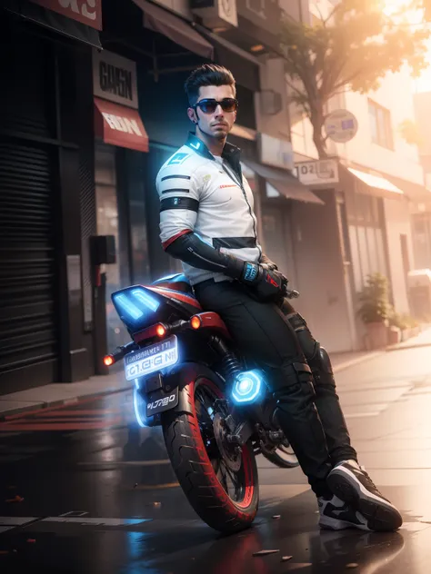 Change background cyberpunk handsome boy realistic face ultra hd sports bike realistic