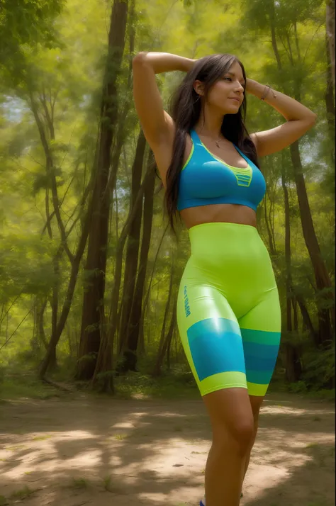 Anime style. In the middle of a large forest in North America a rave is celebrated. Es verano, hace calor, Es de noche y hay hogueras que dan buena luz a la imagen. Una mujer de gran belleza con un look alternativo y pseudo-hippie baila con los brazos abie...