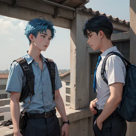 Two 15-year-old male friends in high school uniform with blue hair arguing on the roof of the school are upset and look into each others eyes.............