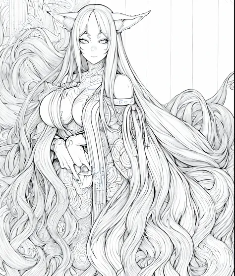 1girl (adult woman:1.2) fox ears, fox tail (very_long_hair, white_hair:1.3) (portrait:1.3) yakuza, ganster (coloring book, masterpiece, realistic:1.3), (extremely intricate:1.2), (sketch, doodles, monochrome, lineart:1.2) (by WLOP:1.3)