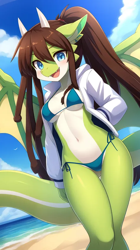 Draconic girl, brown hair, spiky hair, long dreadlocks ponytail, anime style, medium breasts, blue eyes, white jacket, open clothes, green draconic wings, high quality, detailed body, detailed eyes, detailed face, masterpiece, glistening body, best quality...