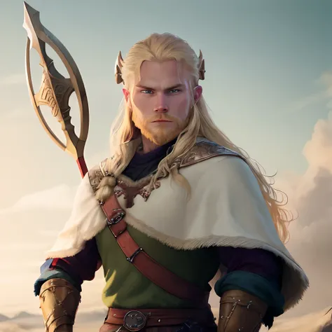 Blonde Viking with a green elmeth and red eyes