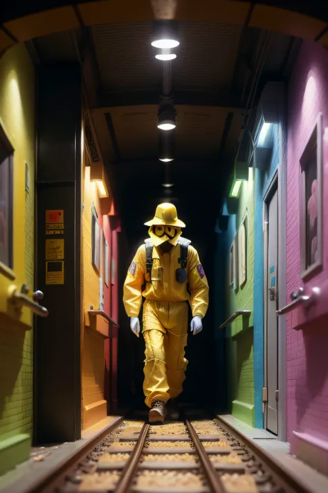 man in yellow hazmat walking through a train tunnel in a satanic Funhouse during a bad lsd trip, highly detailed diorama box art op art in the stye of mc escher and sesame street, psychedelic, close up of diorama box art, paper puppet, 16k resolution, hd, ...