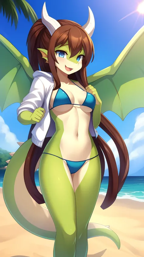 Draconic girl, brown hair, spiky hair, long dreadlocks ponytail, anime style, medium breasts, blue eyes, white jacket, open clothes, green draconic wings, high quality, detailed body, detailed eyes, detailed face, masterpiece, glistening body, best quality...