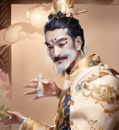 Man in Chinese costume holding a bottle of perfume