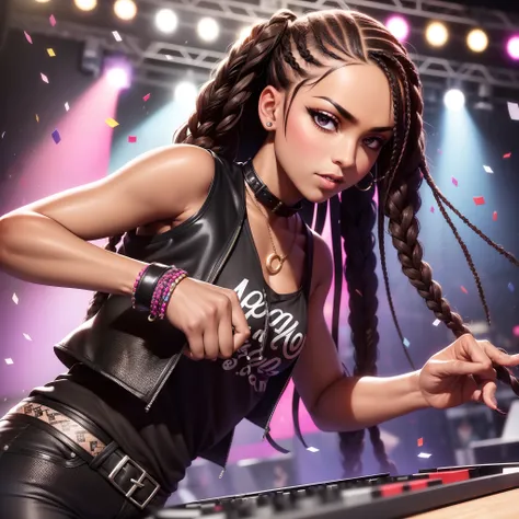 (dramatic illumination, dynamic angle, intense color contrast), (solo), (1female, young black woman), (black cornrow braids), (brown eyes), (wearing black t-shirt, vest, and pants), (on club stage), (bokeh), (confetti falling), (DJ)