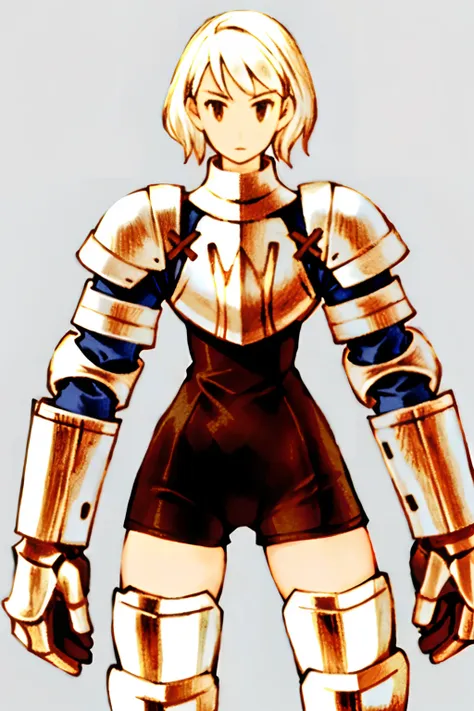 1girl, thigh gap, white hair, short hair, thick thighs, armor, gauntlets,