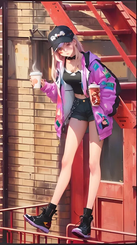 There is a woman who is standing on a ledge with a coffee, fanart menina urbana, Art not Guweiz style, Estilo anime, Guweiz, retrato de corpo inteiro de um curto!, corpo inteiro:: tempo ensolarado::, soda themed girl, feito com anime painter studio, she is...