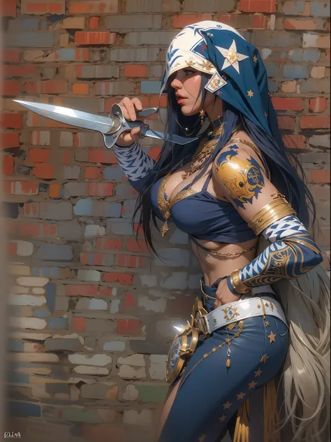 (((mulher))), (((melhor qualidade))), (((obra prima))), (((adulto))), Uma guerreira mulher de 35 anos com corpo perfeito, Gladiadores do Brooklyn, (( sob os peitos )), quase nua no estilo selvagem urbano de Simon Bisley para a capa da revista Heavy Metal, ...