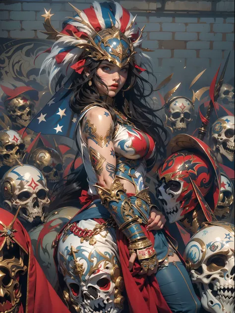 (((mulher))), (((melhor qualidade))), (((obra prima))), (((adulto))), Uma guerreira mulher de 35 anos com corpo perfeito, Gladiadores do Brooklyn, (( sob os peitos )), quase nua no estilo selvagem urbano de Simon Bisley para a capa da revista Heavy Metal, ...