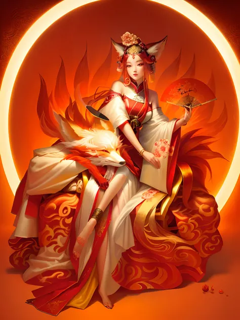 There is a painting，A woman sitting on a chair with a fan, Nine-tailed demon fox,,an ancient Chinese goddess, Mono Color, Low saturation，Light color