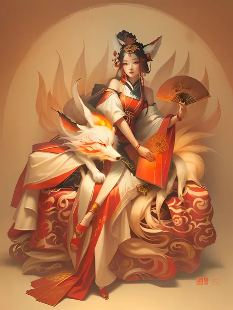 There is a painting，A woman sitting on a chair with a fan, Nine-tailed demon fox,,an ancient Chinese goddess, Mono Color, Low saturation，Light color