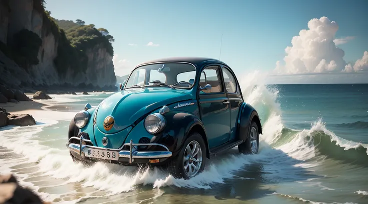 fusca(pintura azul claro, detalhe em azul escuro, faixa branca no meio, bola laranja com o numero 98 preto no capo), praia, mar(pulsing water) , epic ,4k , hiper-realista