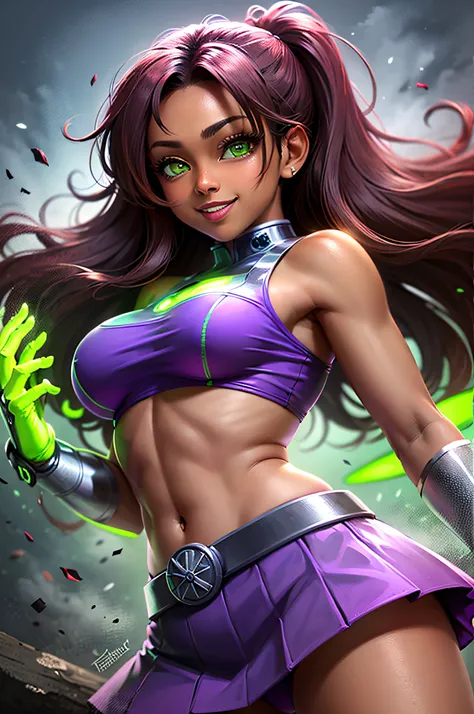 masterpiece, best quality, highres, sf1, diaphragm, purple skirt, cropped top, purple thighs, bare shoulders, medium breasts, belt, luins, running, smile, (dark skin tone), (eyes emitting green glow)