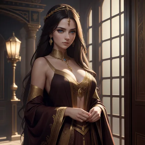 Most sexiest beautiful attractive WOW wearing lustful ancient uniform, in action , jewelry,  very long lease hair, very dark brown lipstick, braless, Cinematic lighting, Hyper realistic, , detailed and intricate environment, intricate painting, Razumov Kon...