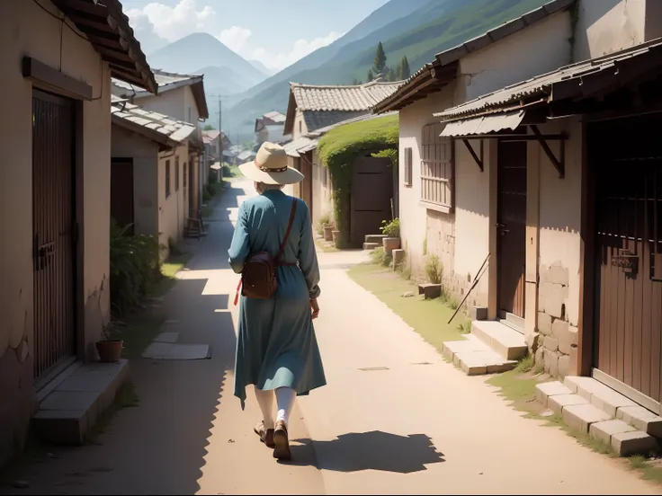 ELDERLY WOMAN WALKING FROM THE ANGLE OF HER BACK TOWARDS AN ANCIENT VILLAGE