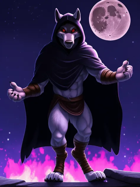 (deathpussinboots:1.1), muscular, red eyes, black sclera, solo, long nose, furry, wolf, standing, cloak, hooded cloak, hood, fluffy, front view, arm wraps, leg wraps, smile, grin, night, moon, (pink glowing background), pink fire, arena, horrorcore, depth ...