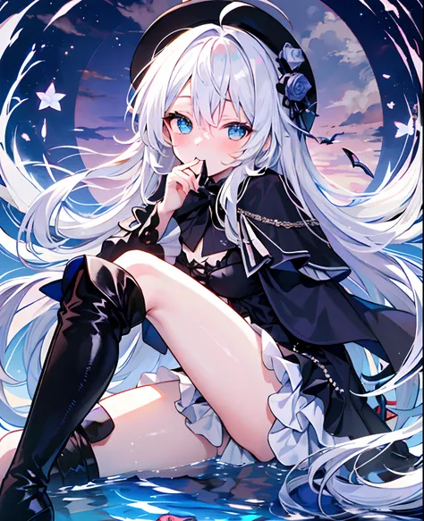 tmasterpiece， Best quality at best， against backlight at dusk， dolls， ahoge， Hair over the shoulder， long  white hair， Water-colored eyes， blush of nose， eBlue eyes， bucket-hat， cloaks， Gothic_Lolita， beret， hand_To_Mouth，thigh boots，Absolute realm，upper l...