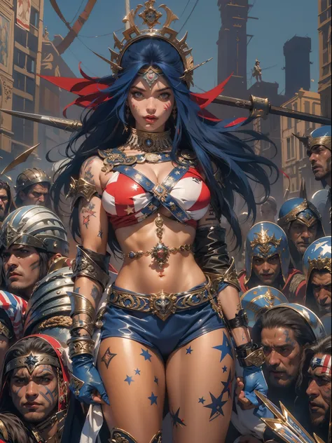 (((mulher))), (((melhor qualidade))), (((obra prima))), (((adulto))), Uma guerreira mulher de 35 anos com corpo perfeito, Gladiadores do Brooklyn, (( sob os peitos )), quase nua no estilo selvagem urbano de Simon Bisley para a capa da revista Heavy Metal, ...