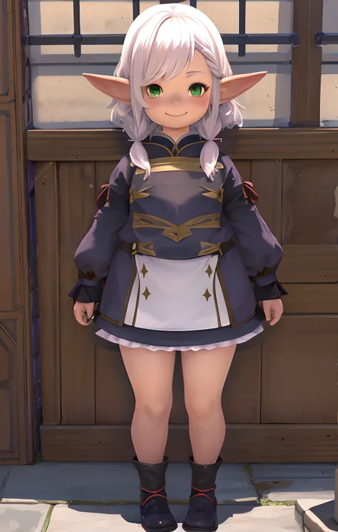 1girl in, Solo, masutepiece, lalafell, pointy ear, BREAK
looking at viewer, Full body,Cats ears,skin of brownish color,White hair,A smile,Cats ears,Cats ears,A smile,Green eyes,Tamamo Katyusha,Chemomimi,Beast ears.４two ears,Head dress,maid clothes,Maids,ga...