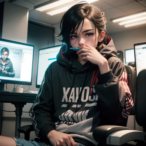 Teenager sitting in a gaming chair with several computers in the background, holding a pencil in one hand covering your mouth in a cold, Calculating the expression.