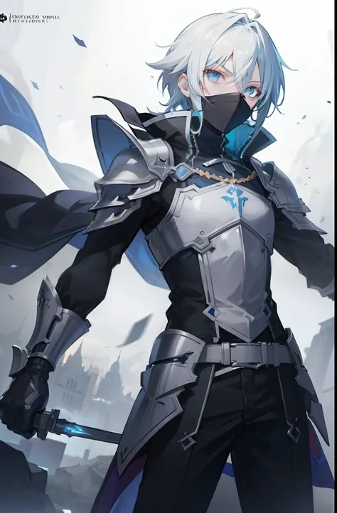 (masterpiece) In the virtual world of Sword Art Online, a dynamic and epic scene unfolds as a boy with artfully styled white hair and a mysterious mask covering his face confidently strides through a dark dungeon. His attire consists of intricately designe...