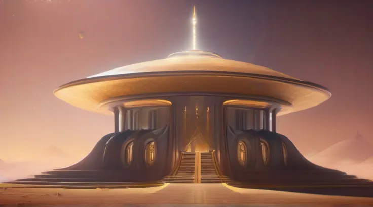 Outside view of an alien temple on a planet illuminated by a star of the first magnitude, The temple has its structure in curvilinear architecture and gleaming and translucent material, From the top of the temple a cosmic light emanates energy towards spac...