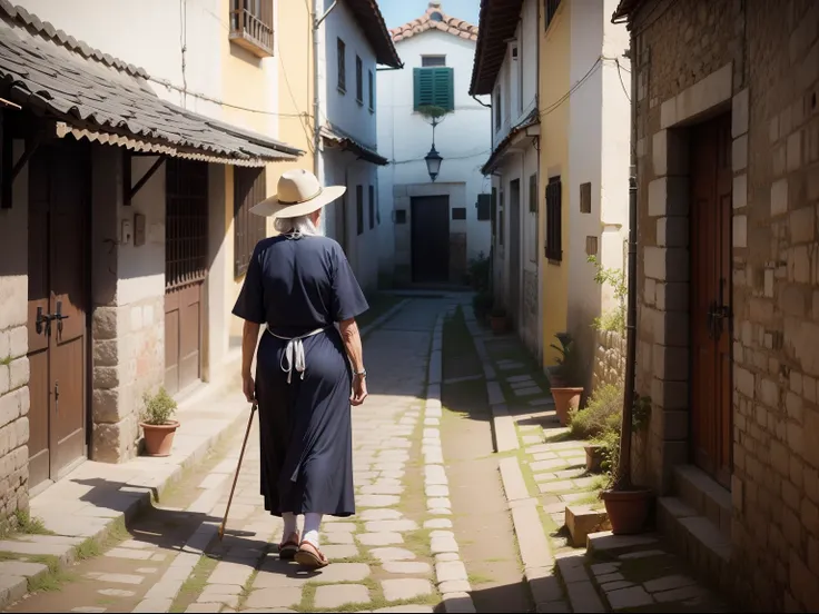 ELDERLY WOMAN WALKING FROM THE ANGLE OF HER BACK TOWARDS AN ANCIENT VILLAGE, COM RIO DO LADO