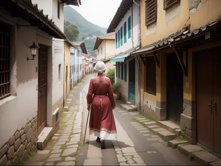 ELDERLY WOMAN WALKING FROM THE ANGLE OF HER BACK TOWARDS AN ANCIENT VILLAGE, COM RIO DO LADO