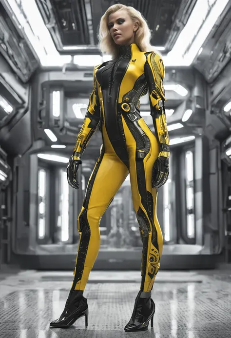 fashion shot of a beautiful woman blond super model in cybernetic suit, "yellow lips" and black, high fashion, perfect composition, beautiful detailed intricate insanely detailed octane render trending on artstation, 8 k artistic photography, photorealisti...